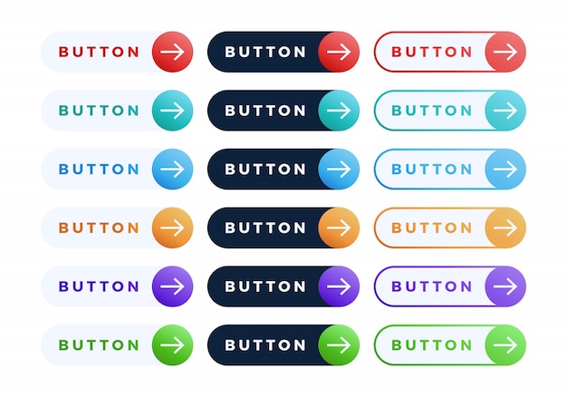 Colorful button set. Three style Flat line gradient slide button collection with text and arrow.