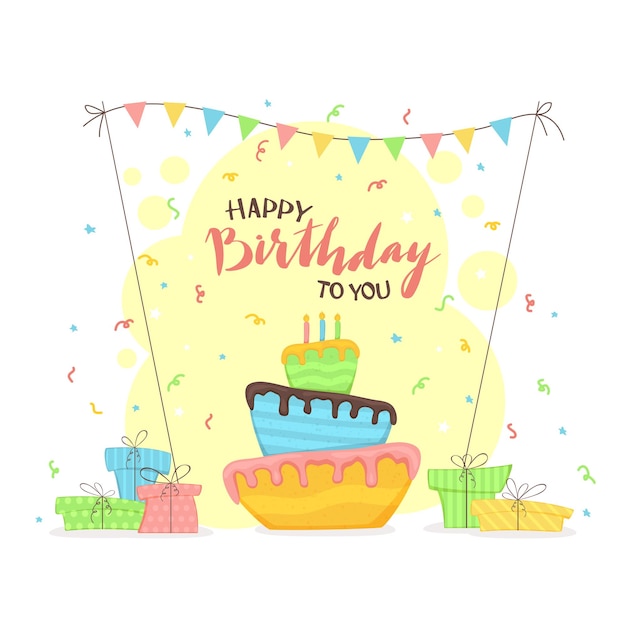 Colorful Cake and Gift Boxes with Pennants and Lettering Happy Birthday on Holiday Yellow Background