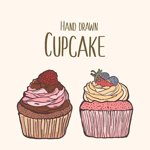 colorful cake illustration with hand drawn cupcake