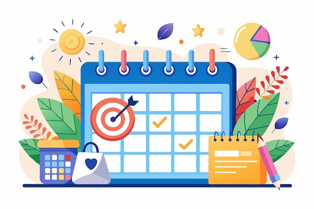 A colorful calendar showcases strategic planning with targets checkboxes and icons representing business activities and objectives