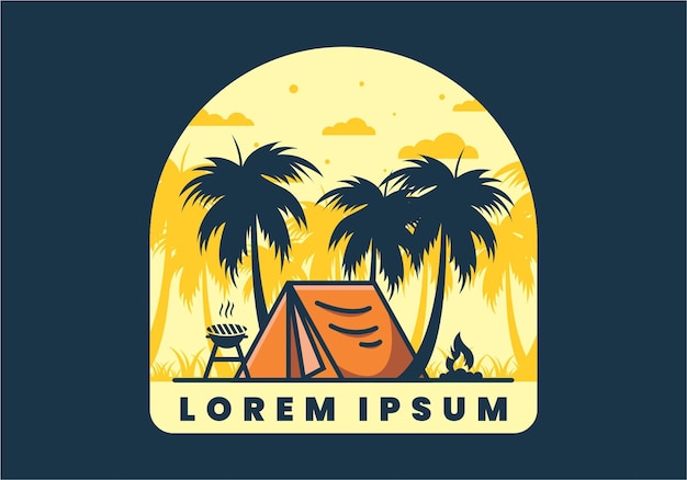 Colorful camping tent and coconut trees illustration