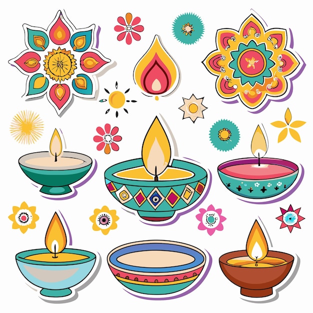 Colorful candles with decorated borders and flowers isolated on white background