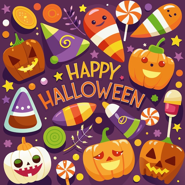 Colorful Candy Corn and Halloween Candies Vector Background Illustration