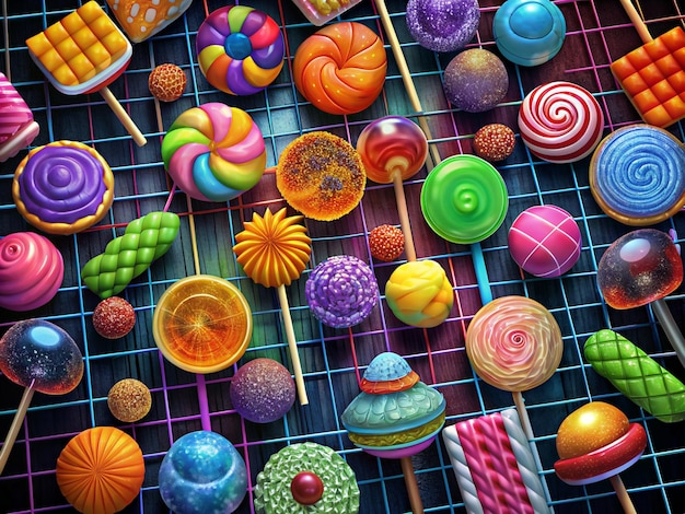 Vector colorful candy lollipops on a wooden grid