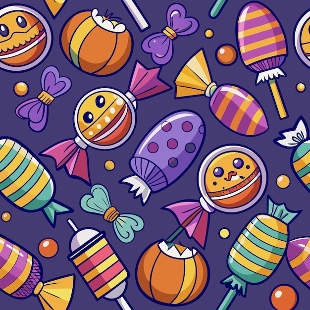 Vector colorful candy seamless pattern with lollipops wrapped candies bows and pumpkins on dark purple background