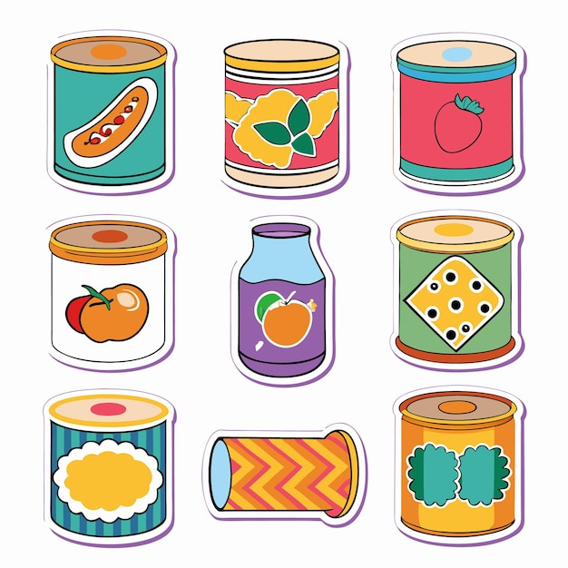 Colorful canned food sticker set with fruit and vegetable images