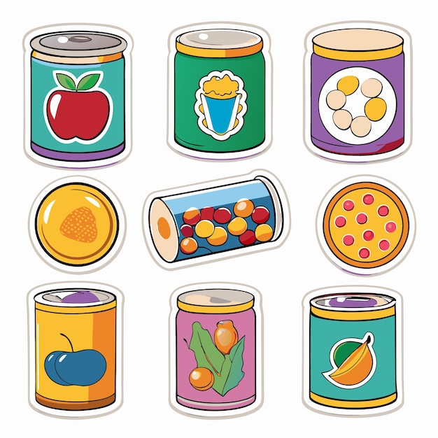 Colorful cans with different food images