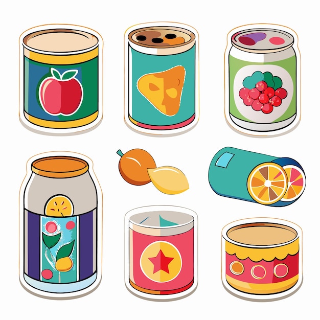 Vector colorful cans with different fruit and food labels