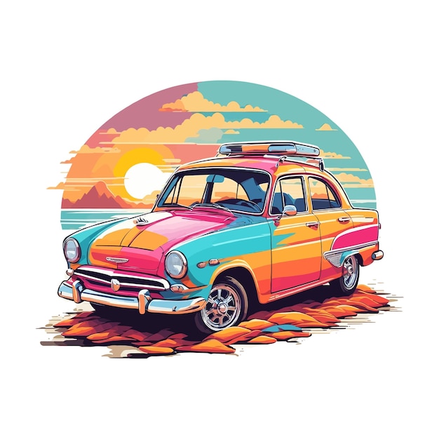 A colorful car with a surfboard on top a symbol of freedom and adventure