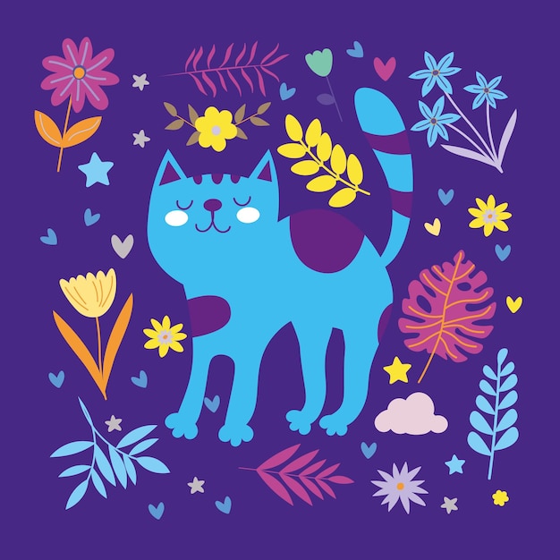 Colorful card with cat and flowers on dark background Scandinavian cartoon style For web posters invitations postcards greeting cards flyers etc EPS