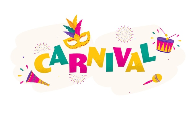 Colorful Carnival Font With Feather Mask Drum Maracas Vuvuzela And Fireworks On White Background