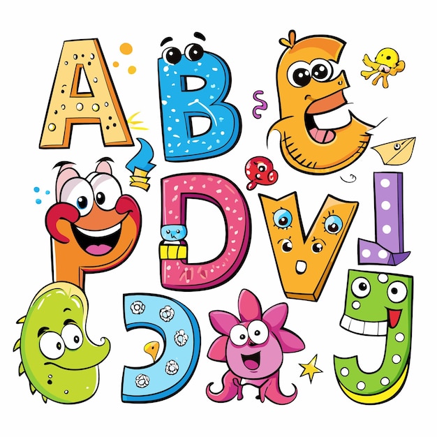 Vector colorful cartoon alphabet letters with funny faces