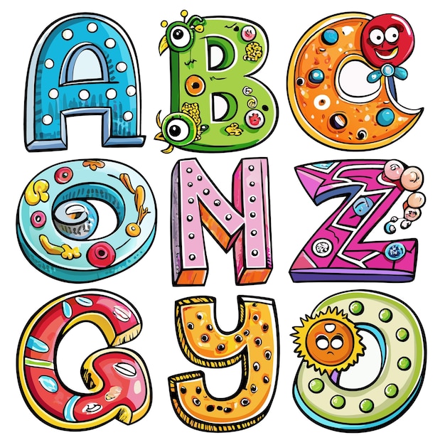 Vector colorful cartoon alphabet with funny characters