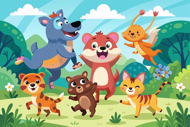 Vector colorful cartoon animals playing in a lush forest setting