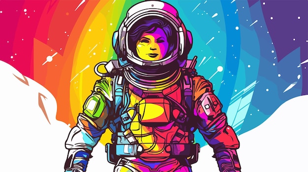 Vector colorful cartoon astronaut drawing with rainbow gradient lines