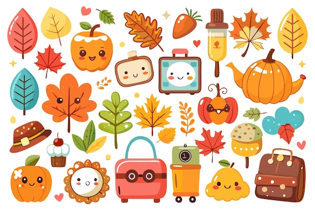 Vector colorful cartoon autumn icons including leaves apple pumpkin and suitcase