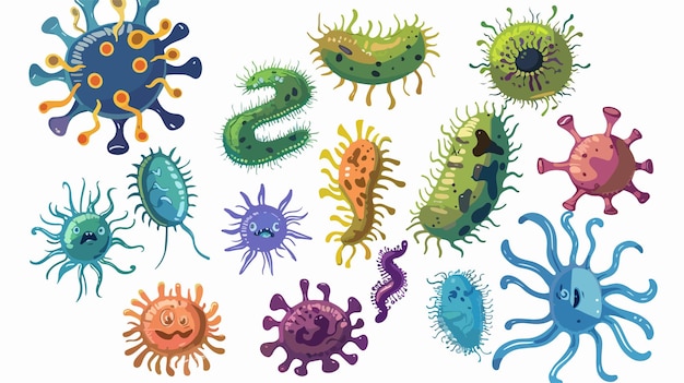 Colorful Cartoon Bacteria Collection Set Stock Vector