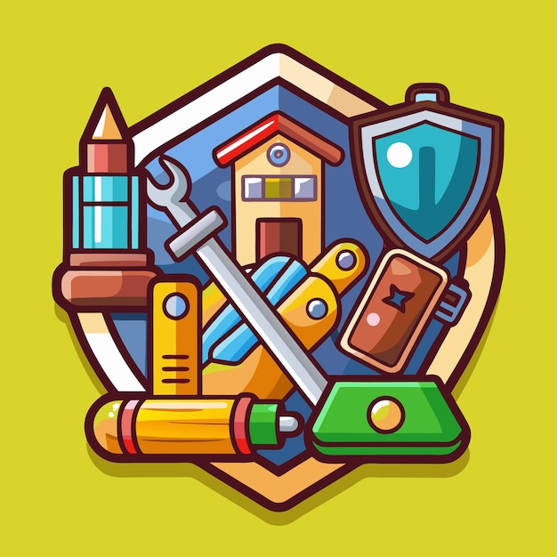 Colorful cartoon badge with house pencil wrench shield and other objects