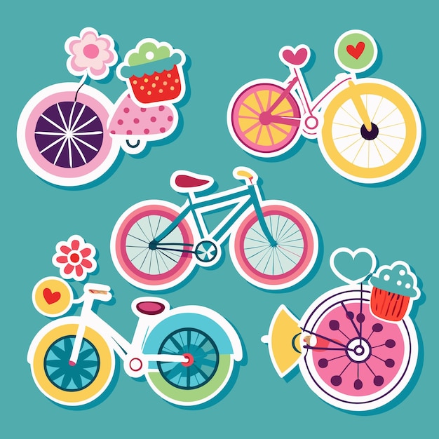 Colorful cartoon bicycles with flowers and hearts