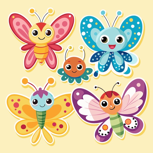 Vector colorful cartoon butterflies with big eyes and smiling faces