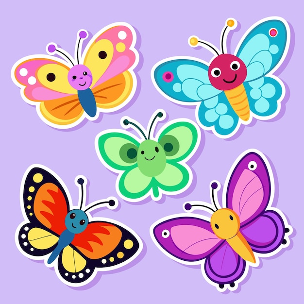 Colorful cartoon butterfly stickers on a purple background