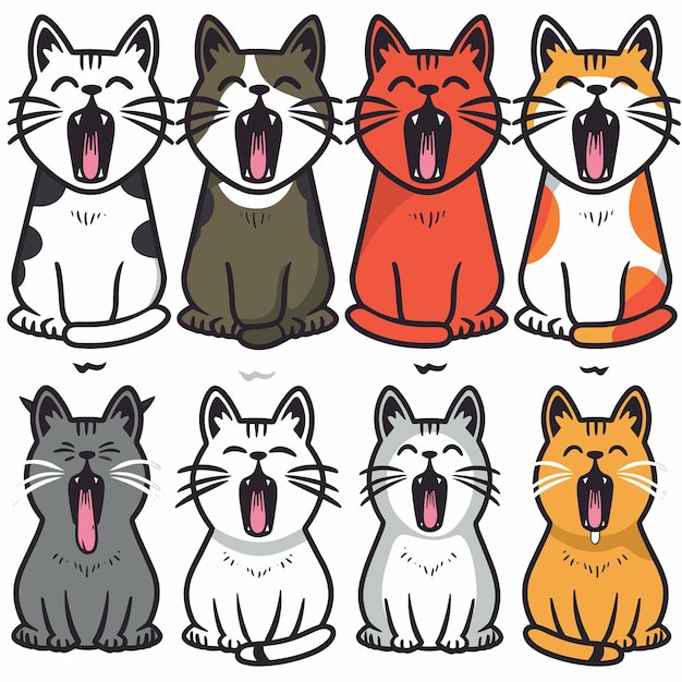 Colorful cartoon cats meowing loudly cute felines vocalizing whiskers Six different cat breeds