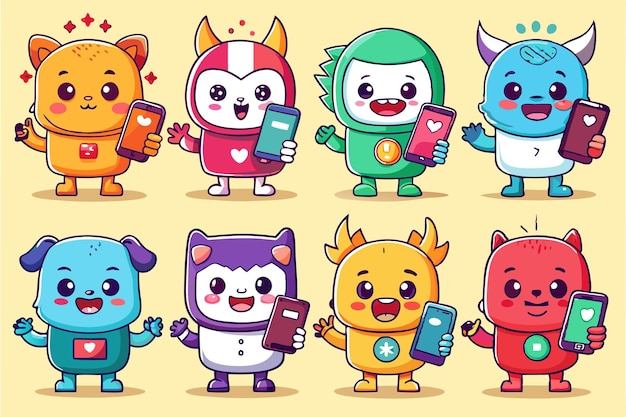 Vector colorful cartoon characters holding phones promoting social interaction