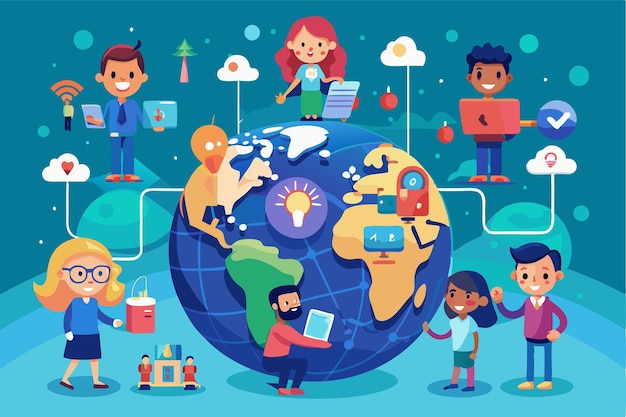 Colorful cartoon characters interact across a globe showcasing creativity connection and technology Customizable cartoon illustration for a connected world