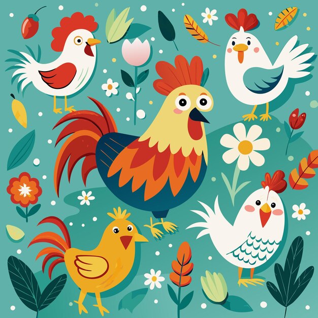 Vector colorful cartoon chickens and roosters pattern fun farmyard illustration