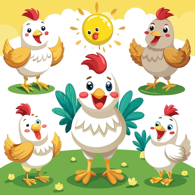 Vector colorful cartoon chickens with cheerful expressions in a sunny setting