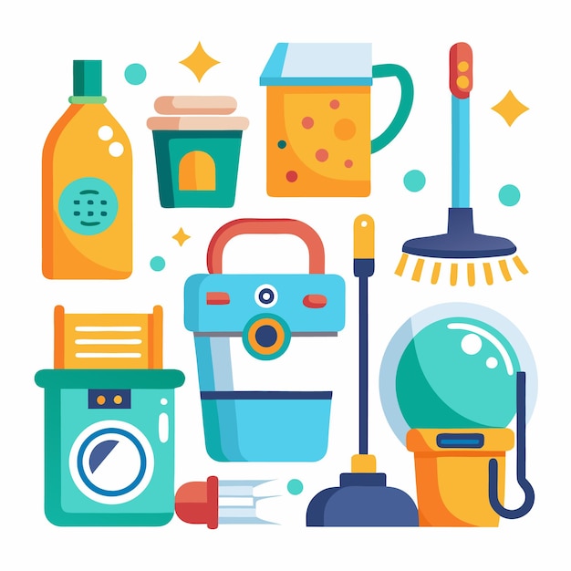 Colorful cartoon cleaning supplies illustration