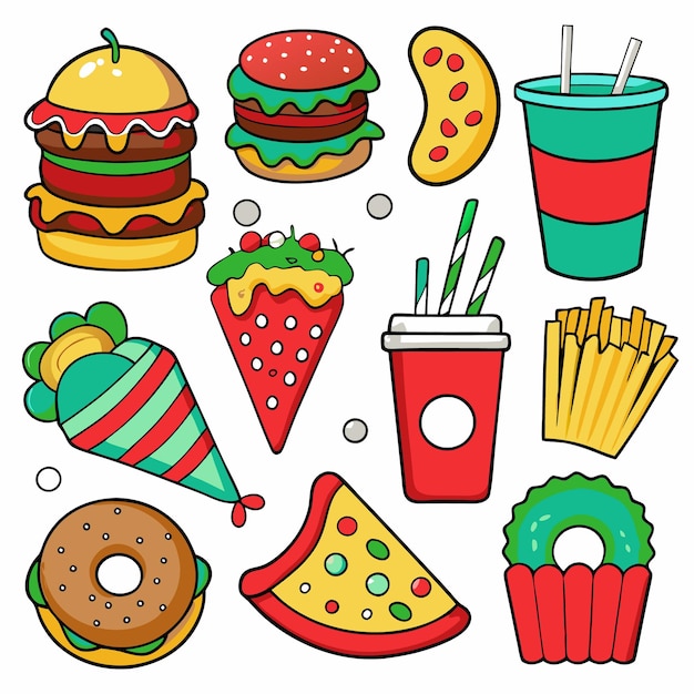 Vector colorful cartoon fast food set of icons