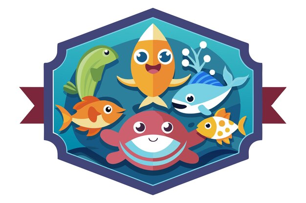 Vector colorful cartoon fish inside a hexagon with a ribbon