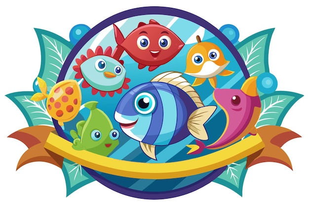 Vector colorful cartoon fish surrounded by bubbles and leaves