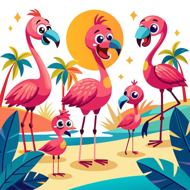 Vector colorful cartoon flamingos in a tropical setting with palm trees