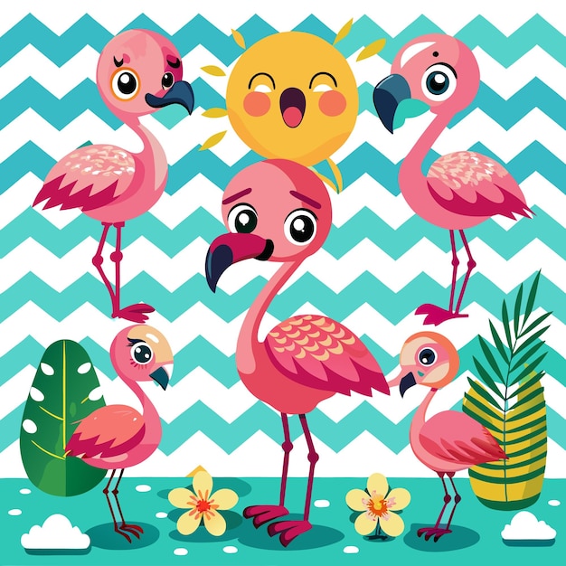 Vector colorful cartoon flamingos with a cheerful sun and tropical elements