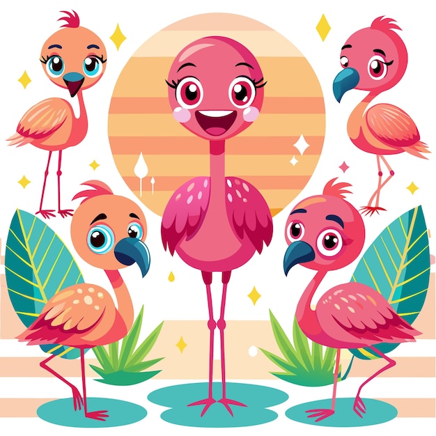 Vector colorful cartoon flamingos with playful expressions and tropical plants