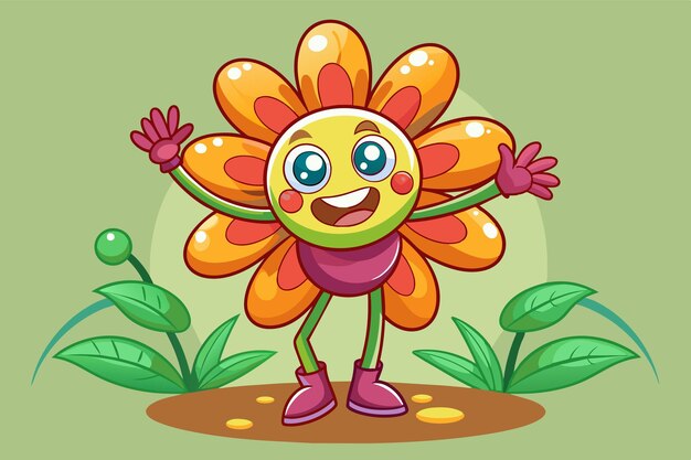 Vector a colorful cartoon flower with a smiling face and rosy cheeks celebrates joyfully in a vibrant garden surrounded by green leaves and playful colors