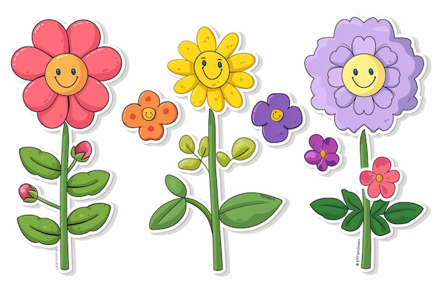 Vector colorful cartoon flowers with happy smiley