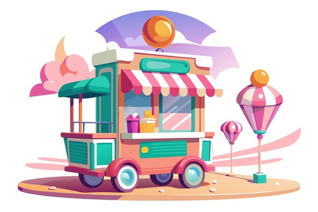 Vector a colorful cartoon food stand with a striped awning and balloons in front