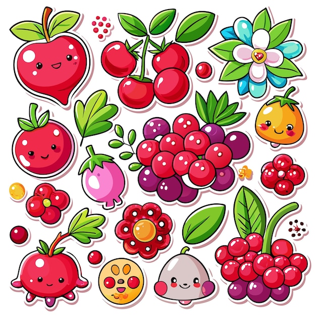 Vector colorful cartoon fruits and flowers with smiling faces