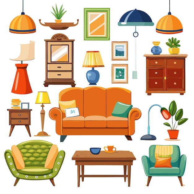 Vector colorful cartoon furniture set for living room interior design