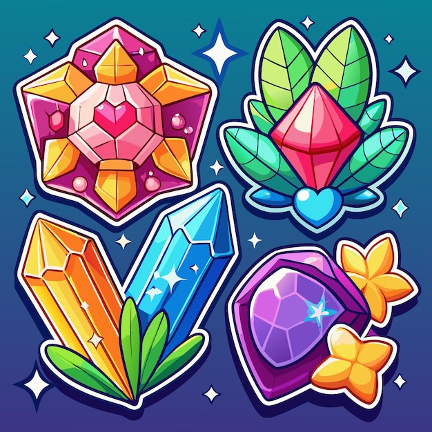 Colorful cartoon gems with leaves and stars on blue background