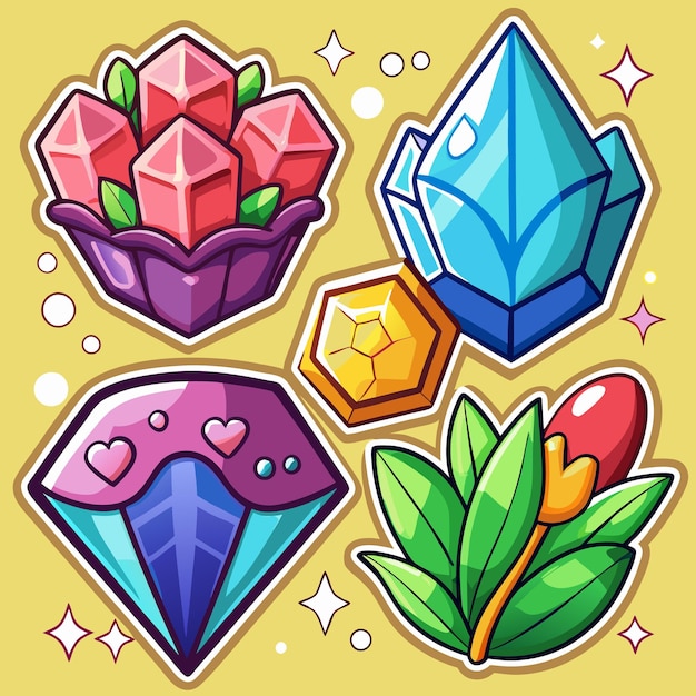 Colorful Cartoon Gemstones with Stars on Yellow Background