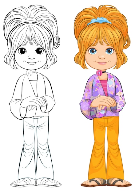 Colorful Cartoon Girl Before and After Coloring