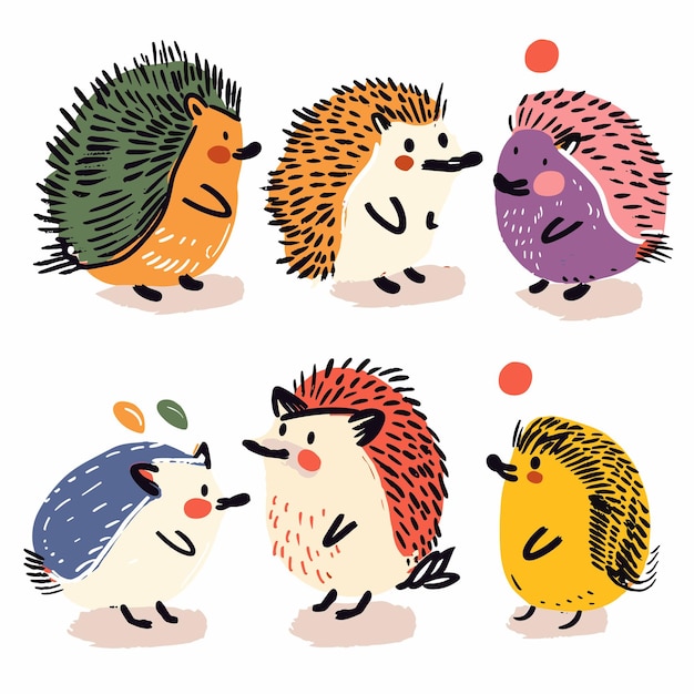 Colorful cartoon hedgehogs illustrated various poses expressions playful handdrawn style