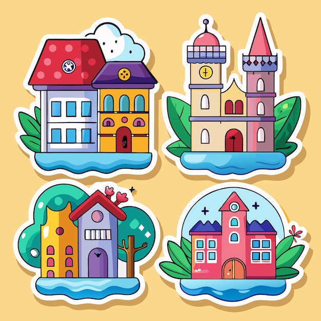 Vector colorful cartoon houses with nature stickers