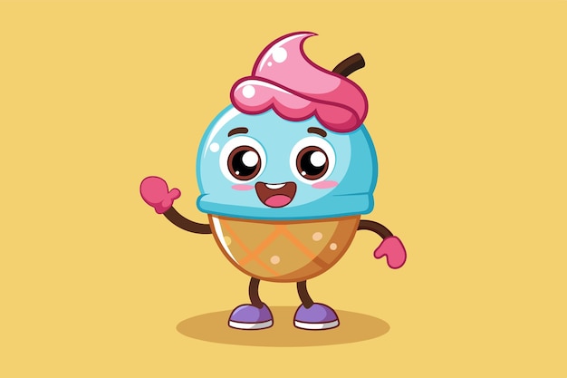 Vector a colorful cartoon ice cream cone character stands cheerfully with arms outstretched and a big smile showcasing its playful personality in a bright setting