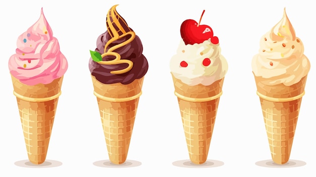 Colorful Cartoon Ice Cream Cone with Various Flavors in Waffle Cone