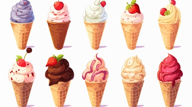 Colorful Cartoon Ice Cream Cone with Various Flavors in Waffle Cone